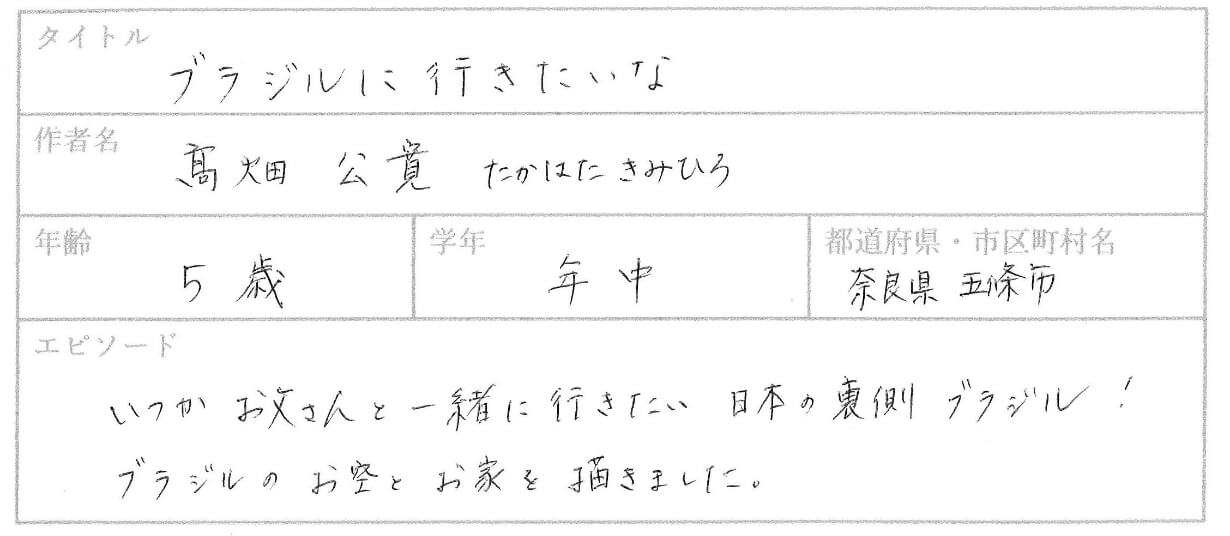 いつかお父さんと一緒に行きたい。日本の裏側ブラジル！
ブラジルのお空と家を描きました。
