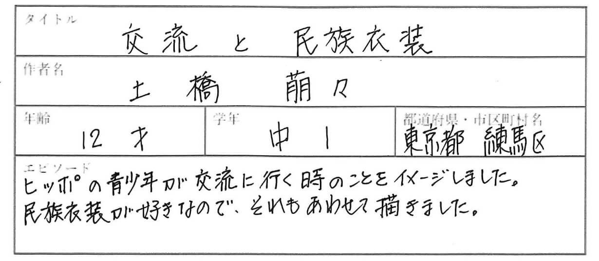 ヒッポの青少年が交流に行く時のことをイメージしました。
民族衣装が好きなので、それもあわせて描きました。
