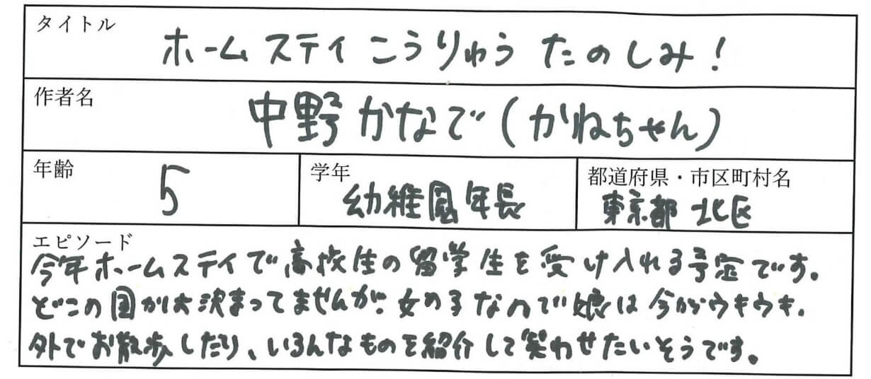 今年ホームステイで高校生の留学生を受け入れる予定です。
どこの国か決まっていませんが、女の子なので娘はウキウキ。
外で散歩したり、いろいろなものを紹介して笑わせたいそうです。
