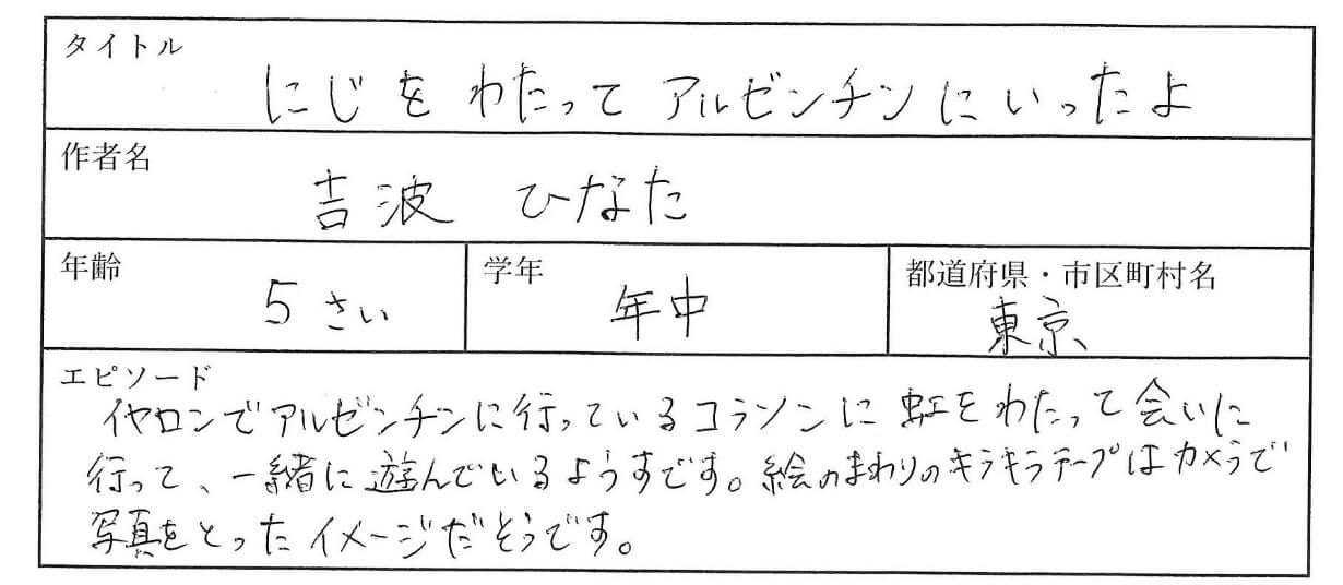 イヤロンでアルゼンチンに行っているコラソンに虹をわたって会いに行って、一緒に遊んでいる様子です。
絵のまわりのキラキラテープは、カメラで写真をとったイメージだそうです。
