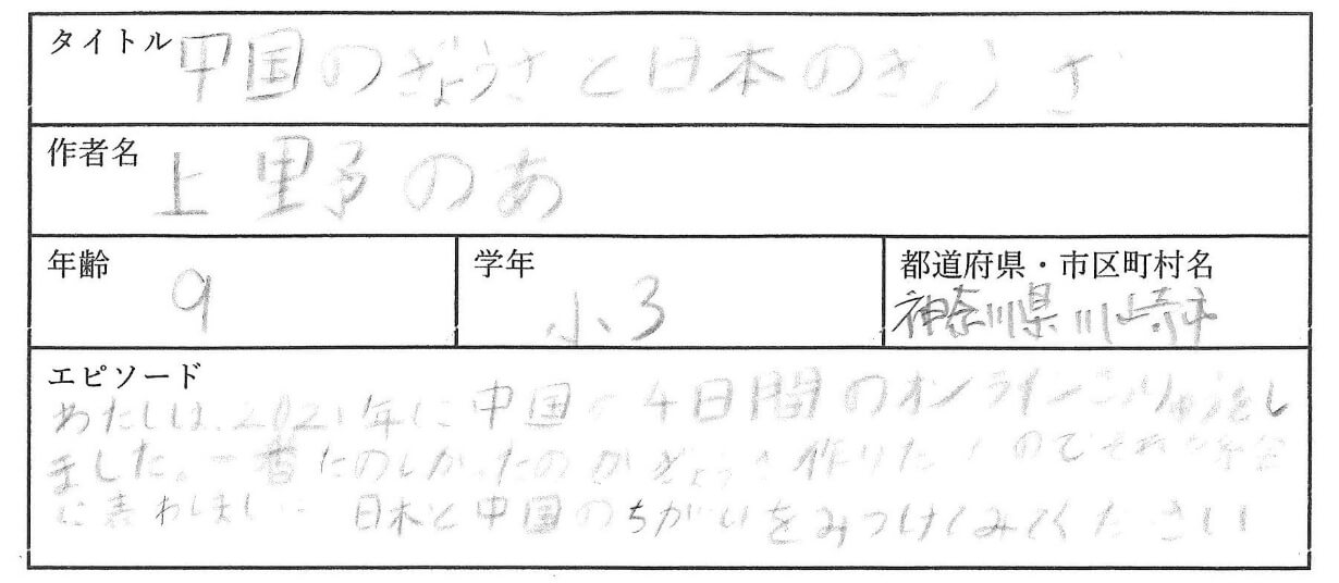 わたしは２０２１年に中国の４日間にオンラインこうりゅうをしました。<br>
一番たのしかったのが、ぎょうざ作りだったのでそれを絵に表しました。
日本と中国のちがいをみつけてみてください。